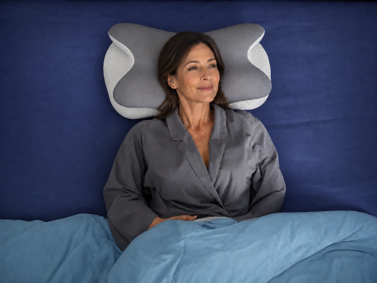 Femme utilisant l’oreiller cervical CerviBreeze